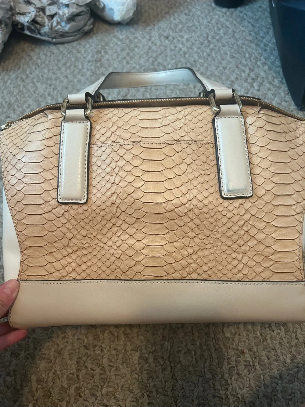 Calvin Klein Beige Snake-Embossed Satchel with Tan Pouch